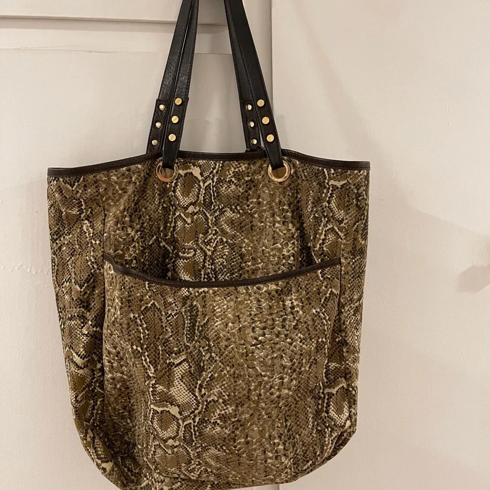 Tory Burch Canvas Reptile Print Tote with Brown Leather Detail